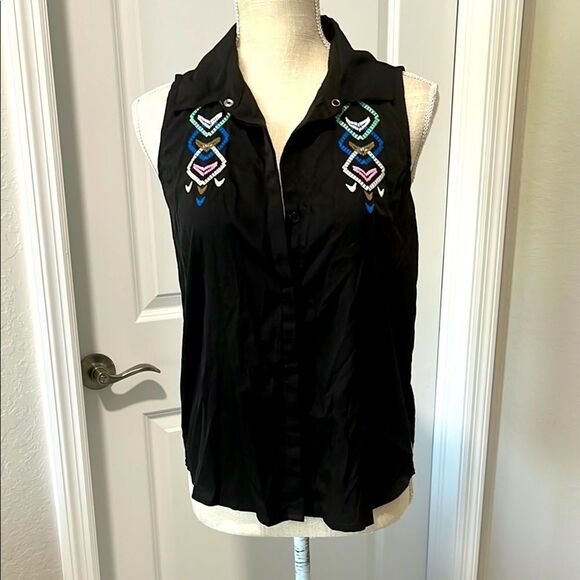 Element Embroidered Black Sleeveless Button Down Top S/M - Picture 1 of 9